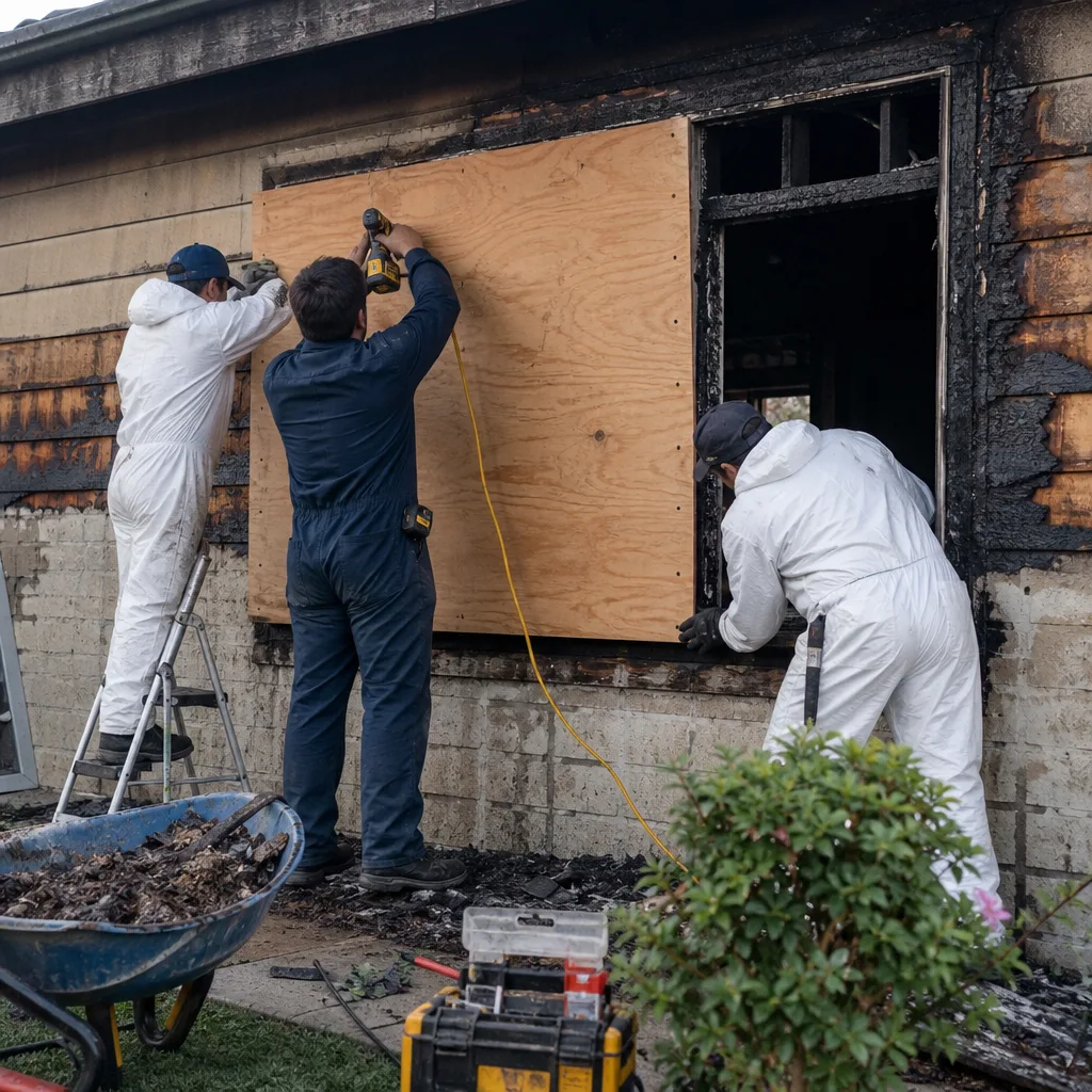 Team performing professional fire damage restoration by boarding up a burnt house