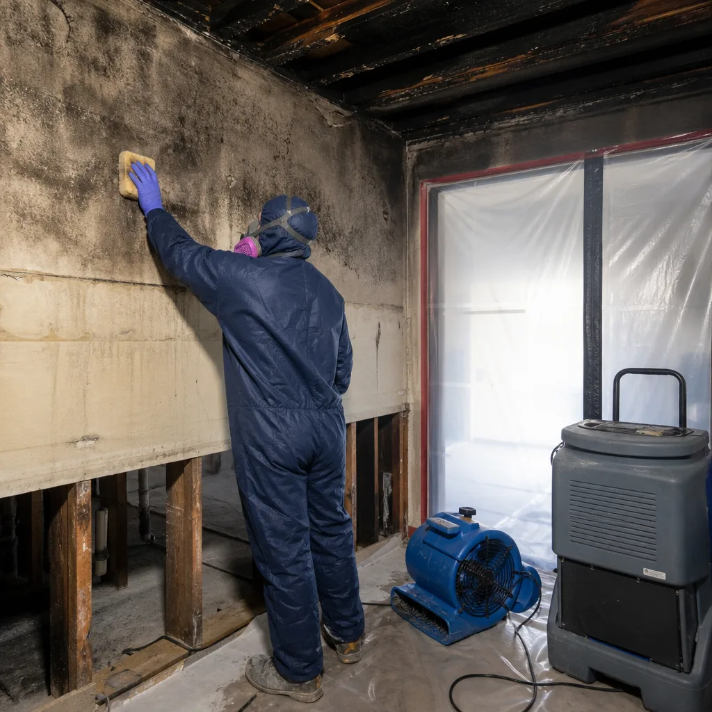 Fire damage restoration technician cleaning soot from wall with equipment