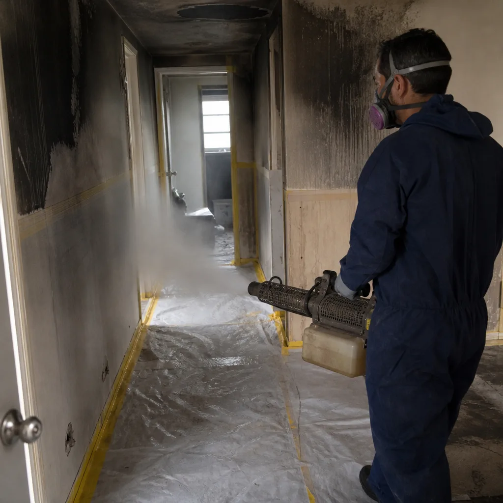 Technician performing professional fire damage odor neutralization with thermal fogging equipment