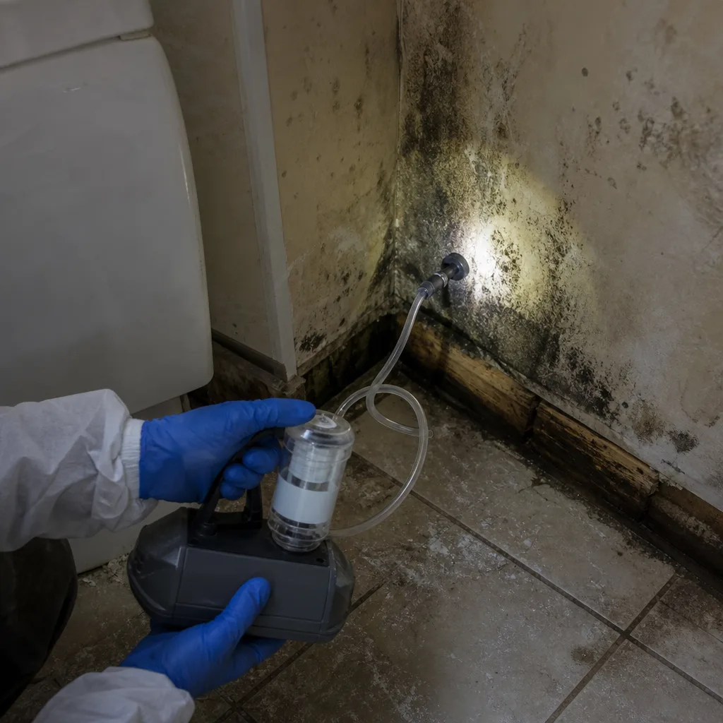 professional mold remediation specialist performing air quality testing on wall mold