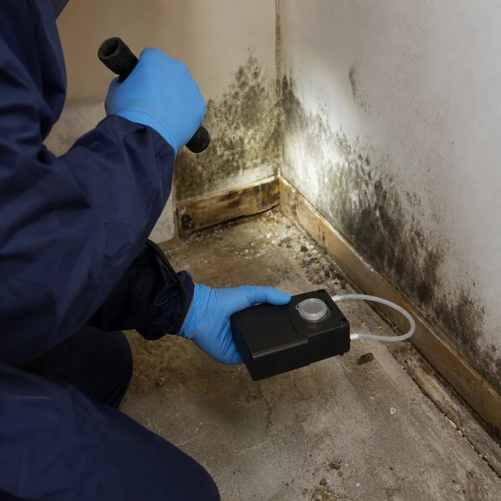 Professional performing mold remediation and air quality testing in a building.