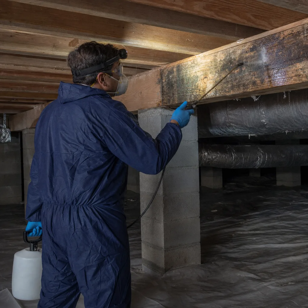 Professional wearing PPE applying mold remediation spray to crawlspace wooden beam